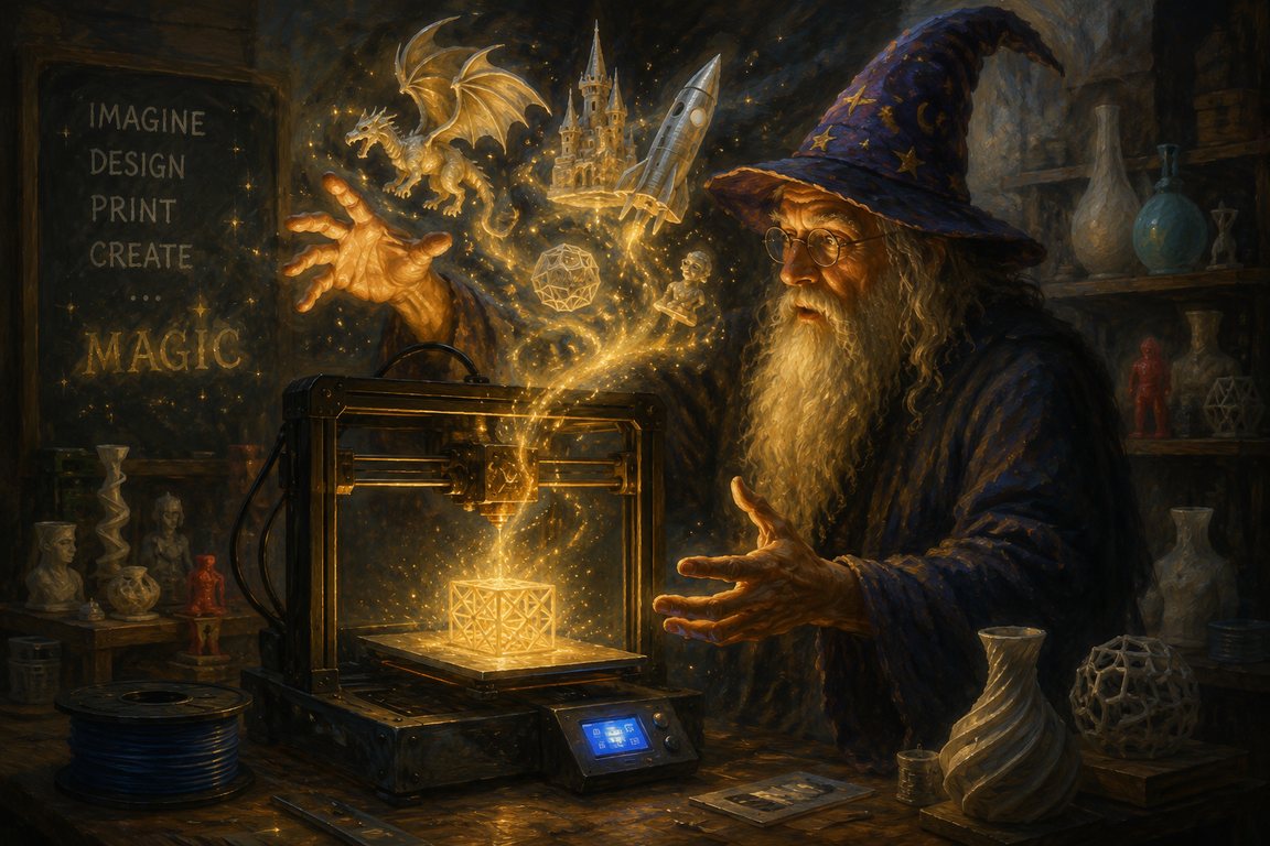 An oil painting of an old wizard in a starry robe conjuring a swirl of golden sparks from a 3D printer that is printing a glowing cube; the sparks become a dragon, a castle, a rocket, a dodecahedron and a figurine, under a chalkboard reading Imagine, Design, Print, Create, Magic
